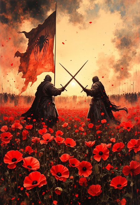 Epic battlefield in a vast poppy field, style of Edwin Austin Abbey, authentic, caught mid action, red flowers trampled underfoot, petals swirling in the air like blood-soaked confetti. Two armored warriors clash in the center, dynamic poses mid-swing, swords glinting in the dim light. Smoke and ash rise in the background, foreground bokeh of banners with a spider emblem, dramatic haze, scene filled with mist,  faint silhouettes of distant soldiers charging through the haze. A fiery sunset bleeds across the sky, casting dramatic shadows, while stray embers drift through the air. Off-center framing adds movement, pulling the viewer into the chaos and beauty of the scene.