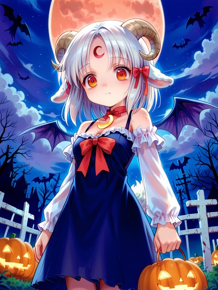score_9, score_8_up, score_7_up,source_anime, <lora:style015:0.9>
1 girl, goat girl, animal ears, orange eyes, red eyes, wings, blue wings, black goat ears, white hair, red moon-shaped forehead mark, sheep ears, medium breasts, crescent moon, goat's tail, medium hair, sheep horns, facial mark, marks below eyes, Freckles BREAK halloween, halloween costume, night sky, high quality, extremely detailed, Halloween, OldHalloweenCards, Spooky, cute, creepy girl, graveyard, dead trees, dark cloudy sky, pumpkins