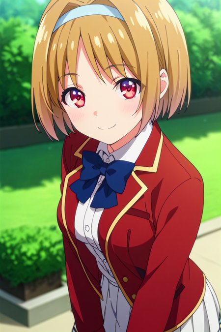 score_9, score_8_up, score_7_up, score_6_up, score_5_up, score_4_up, rating_questionable, , source_anime, digital illustration, pixiv, fanbox, uncensored, , BREAK, official art,
1girl, solo, female, kushida kikyou, short hair, hair intakes, red eyes, hair band, anime screencap, 
school uniform, red jacket, white skirt, blue bow, outdoors, light smile, blush, cowboy shot, looking at viewer,  <lora:Kushida_Kikyou_Pony-000009:0.9>