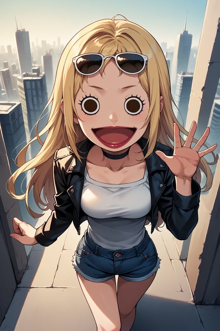 score_9, score_8_up, score_7_up, BREAK source_anime, solo, <lora:NSPikariFace:1> NSPikariFace, open mouth, smug, black eyes, big head, empty eyes, blonde hair, long hair, sunglasses, choker, leather jacket, shirt, denim shorts, sexy pose, lips, lipstick, collarbone, from above,top angle, city skyline, waving