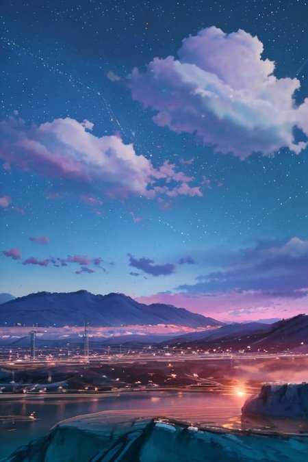 (masterpiece, best quality:1.4), high res, dramatic, scenery, large area sky, starfall, night, sky, stars, <lora:conceptBetterSky_sky:0.7>, puffy clouds, water surface, 3DMM mountain,  <lora:Detailed_Places_R-128_v1:0.7>