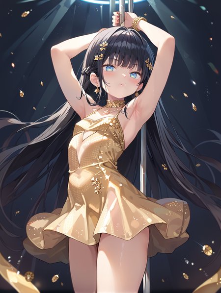 score_9, score_8_up, score_7_up,source_anime,saeki sora, 
1girl, microdress, solo, pole dancing, long hair, black hair, gold dress,
 <lora:Saeki_sora02:1.0>