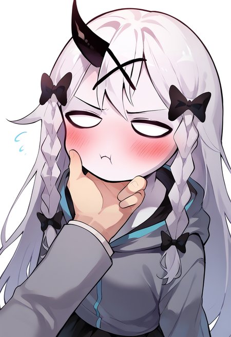 masterpiece, best quality, uncensored, source_anime BREAK score_9, score_8_up, score_7_up, score_6_up, score_5_up, score_4_up, 1girl, solo, rasazyfnf, single horn, white eyes, no pupils, long hair, white hair, white skin, twin braids, x hair ornament, hair bow, Expressiveh, blush, embarrassed, pout, pouty lips, grey jacket, hood, long sleeves, cyan lines, black skirt, white thighhighs, bow, black garter straps, upper body, pov, gr4bch1n, grabbing anothers chin, hand on another's chin <lora:Expressive_H:0.6> <lora:add-detail-xl:0.5> <lora:Rasazy_MFM_Fnf:0.8> <lora:gr4bch1nXLP:0.8>