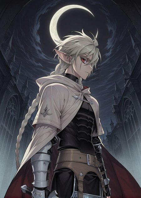 masterpiece, best quality, arms at sides, male focus, 1boy, male, looking at viewer, upper body, crescent moon, night, gothic background, facing to the side, holding sword, 
<lora:Koinzell:0.8>, Koinz0l, red eyes, platinum blonde hair, scar across eye, pointy ears, twin braid, platinum blonde eyelashes, cape, hooded cloak,