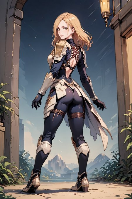 score_9, score_8_up, score_7_up, defkisara, armor,shoulder armor,pauldrons,jewelry,earrings,gloves,breastplate,bodysuit,black gloves, <lora:Expressive_H:0.69> Expressiveh, full body portrait,from behind, looking back, cross-laced clothes,back cutout,dangle earrings, volumetric lighting <lora:Kisara - Tales of Arise - Pony-000003:0.95> <lora:OttoPony:0.8>