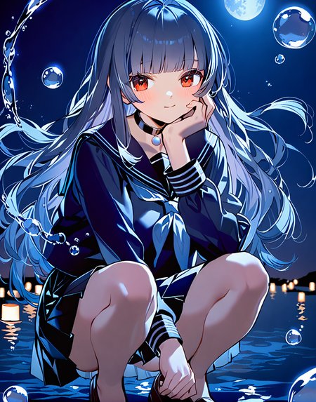 <lora:potgXLlokr4f:0.7>,masterpiece,best quality,Cinematic Lighting,
1girl,long hair,solo,moon,blue hair,water,bubble,night,film lighting,long_sleeves,squatting,long hair,school uniform,looking at viewer,bangs,choker,black serafuku,sailor collar,long sleeves,black skirt,blush,red eyes,closed mouth,hand on own face,black choker,blunt bangs,hand on own cheek,neckerchief,<lora:zeroA:0.8>,<lora:sd_xl_dpo_turbo_lora_v1-128dim:1>,<lora:sd_xl_dpo_lora_v1:1>,