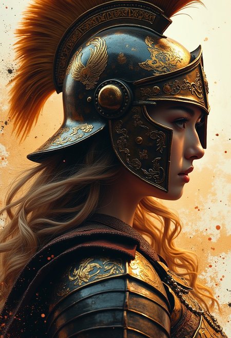 Silhouette Art, magnificent, inksplash  closeup portrait of stunning japanese woman, blonde loose hair, wearing bronze age greek armour with a full face helmet