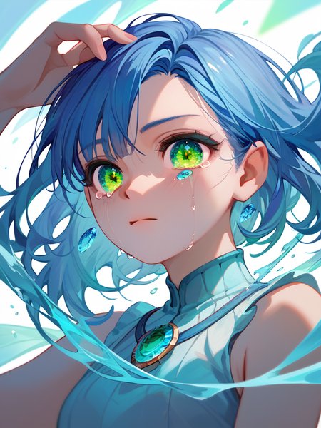 PDXL, <lora:OpalEyesV1Pony:1>, opal_eyes, 1girl, cute face, detailed eyes, short blue hair, glowing green eyes, portrait, crying