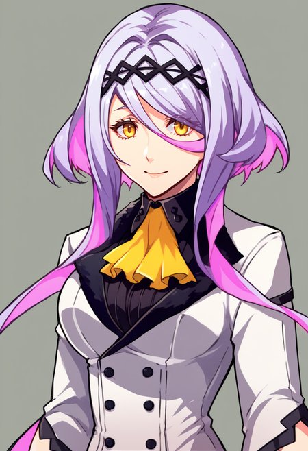 score_9, score_8_up, score_7_up, source_anime BREAK 1girl, solo,
<lora:zs_ZeroAzurePortraitsXL:1> zeroazureportraits, solo, upper body, simple background, upper body, 
 <lora:figue-sh2-richy-v1_pdxl:1> figue, yellow eyes, purple hair, multicolored hair, hairband, hair between eyes, sidelocks, yellow ascot, white coat, long sleeves, black shirt, half gloves, black gloves, white shorts, purple leggings, large breasts 
smile