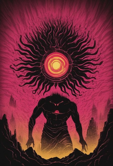 pop art, floating dust particles, visible dust in light rays, vintage dusty atmosphere, cinematic quality, closeup, a glamourshot of a Shiva with four Arms and with glowing eyes Planet head, riding through the night, scenery, glowing eye, wild mane, skyline, towering skyscaper, CYclops, sharp teeth, shaded face, yellow, pink and red color graded, deep Blacks, very detailed, atmospheric haze, Film grain, cinematic film still, shallow depth of field, highly detailed, high budget, cinemascope, moody, epic