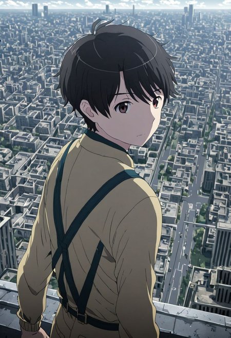 high resolution, solo, best quality, 1Boy, Inaho Kaizuka, Black Hair, Brown Eyes, high-rise, top of building, landscape, depth of field, OverallDetail