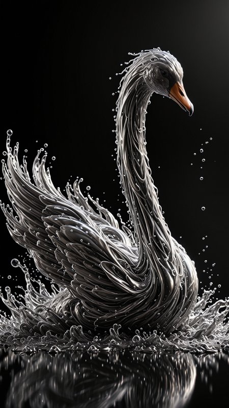 SILVER LIQUID METAL Swan Swimming through SILVER LIQUID METAL, Liquid metal sprays up from the lake, drifting in a black void, <lora:Liquid_Fluid_Metal_XL_-_By_DICE:0.7>, UHD