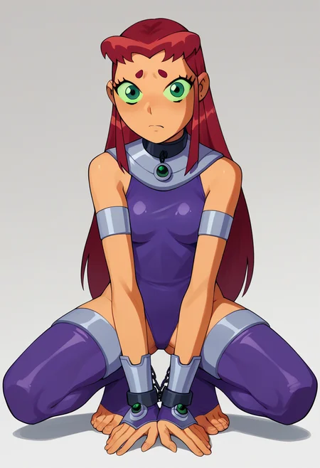 score_9, score_8_up, score_7_up, score_6_up, score_5_up, score_4_up, BREAK
1girl, starfire, red hair, long hair, green eyes, orange skin,
squatting, chained collar, chain, leotard, foot focus, toes, stirrup stockings, solo, simple background  <lora:StarfireTTXL:1>
