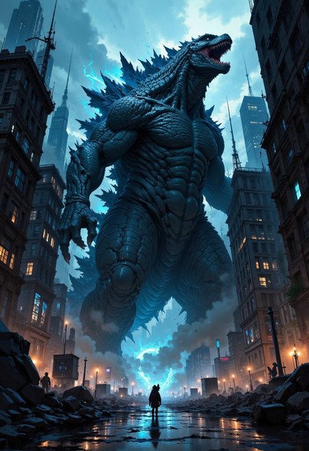 a digital illustration depicting a massive, towering creature resembling Godzilla amidst a cityscape. The creature is characterized by its dark, scaly skin and prominent dorsal spines that glow with a bluish hue. Its mouth is open, revealing sharp teeth, and it appears to be roaring. The city around it is shrouded in darkness, with skyscrapers on either side, some partially obscured by mist and smoke. The ground is wet, reflecting the creature's glow and the surrounding lights. The atmosphere is tense and dramatic, with a sense of impending destruction. The overall color palette is dark, with shades of blue, gray, and black dominating the scene, creating a moody and intense visual impact.