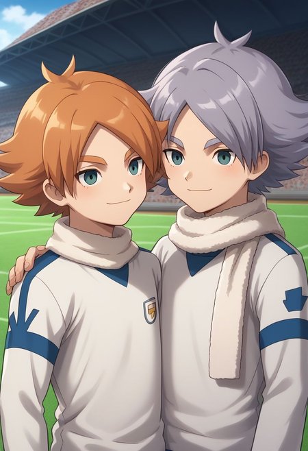 score_9, score_8_up, source_anime, highly detailed, 2boys, male_focus, slender, skinny, upper body,
aiden, 1boy, male focus, scarf, sportswear, orange hair, white scarf, soccer uniform, long sleeves, white shirt,
fubuki2, 1boy, male focus, 1boy,  grey hair, soccer uniform, long sleeves, white shirt
outdoor, soccer field, smile, hands on shoulders, siblings, brothers,