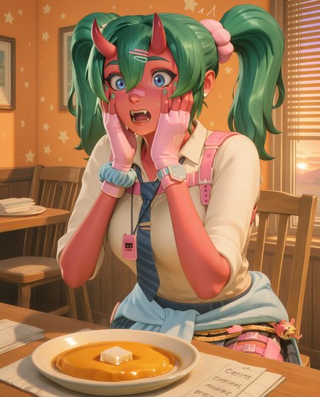 highly detailed, (upper body:1.3),  (detailed background, kitchen, sunset, golden hour, shutters, blinds down, blinds, wooden table, wooden chair, orange interior, indoors:1.2),  (surprised, hands on own face, crumbled paper, wrinkly paper on plate, paper on plate:1.5), fortnite_nemia, 1girl, solo, green hair, twintails, ponytail, long hair, bangs, hair between eyes, hair over one eye, ears, horns, oni horns, single horn, red skin, pink skin, blue eyes, parted lips, bandaid, bandaid on nose, bandaid on thighs, breasts, shirt, school uniform, necktie, plaid skirt, thighhighs, socks, loose socks, boots, jewelry, earrings, bracelet, charm, belt, gloves, fingerless gloves, knee pads, leg warmers, collarbone, solo, colored skin, hair ornament, hairclip, scrunchie, holster, striped necktie, clothes around waist, oni, plaid, charm (object), blue necktie, sweater around waist, animal print, heart, shoes, star (symbol), thigh holster, fangs, teeth, <lora:Fortnite_Nemia_Demonically_Cute_Set_ILXL_E41_16_DIM:1>, <lora:delicious_food_surprised_hands_on_own_face:0.7>