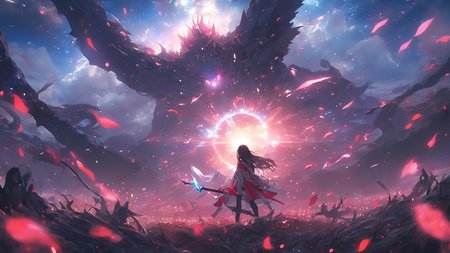masterpiece, best quality, light particle, depth of field, field, scenery, fantasy, blue light, (far away:1.1), no humans, pastel colors, chromatic aberration abuse, glow in the dark
dark ,cloudy sky, space, red aura, aura, cinematic, dark atmosphere, night , dark hole, glowing eyes, red light, illumination, sword, floating object, monster, fighting stance, light rays, 
eye in the sky, (grass:0.9), falling petals,