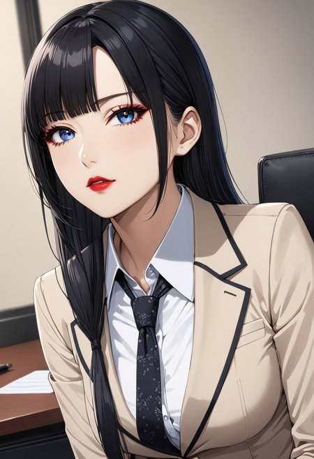 embedding:urn:air:sd1:embedding:civitai:222256@250708, (anime, masterpiece, intricate:1.3), (best quality, hires textures, high detail:1.2), (4k),(incredibly detailed:1.4), perfect anatomy, slim, pointed nose, (nostrils:1.3), long hair, blue eyes, black hair, bangs, blunt bangs,  mole under mouth, nyotengu, full body, medium breasts, office lady, eyeliner, red lipstick, charming look, languid look, mole near mouth, tie, half-closed eyelids, villainess, eye shadow,