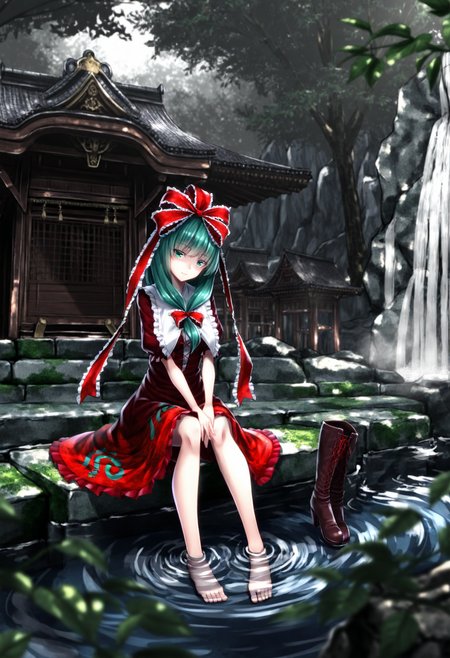 1girl, solo, long hair, looking at viewer, dress, bow, ribbon, sitting, green eyes, hair ribbon, short sleeves, hair bow, outdoors, frills, boots, green hair, shoes, barefoot, day, puffy sleeves, water, red bow, red ribbon, puffy short sleeves, tree, head tilt, bare legs, red dress, sunlight, knee boots, building, scenery, v arms, hand between legs, stairs, shade, architecture, frilled bow, unworn shoes, east asian architecture, ripples, dappled sunlight, soaking feet, front ponytail, waterfall, shrine, frilled ribbon, moss, tree shade, hands on lap, sitting on stairs, unworn boots, stream, stone stairs, kagiyama hina, <lora:ryosios:1>