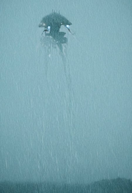 tall tripod looming over a city, raining, lightning, cinematic, closeup, spotlights, (concept-tripod)