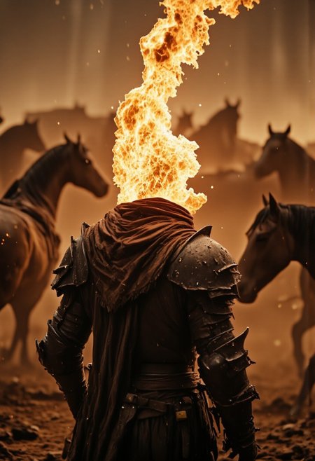 Cinematic close-up of a rogue in tattered leather armor, his head replaced by roaring, wind-torn flames. He stands amidst a thundering herd of wild horses, their powerful forms blurring into motion, kicking up dust and shadows. The air is thick with chaos, the storm of hooves drowning out all but the flickering roar of his enchanted fire. His shredded cloak and leather straps whip violently in the turbulence, his flame bending and writhing with the stampede’s force. Only sparse beams of golden light pierce through the swirling mass of beasts, illuminating the rogue’s charred pauldrons and the translucent, supernatural glow radiating from his fire-wrought crown. The scene is drenched in deep, cinematic tones—muted browns, scorched blacks, and ember-lit oranges, giving the image a dramatic, moody intensity. Cinematic composition, hyper-detailed textures, Leica Q2 with Summilux 35mm f/1.2 ASPH, ultra high resolution, 8K, RAW photo, dramatic angle, rich texture details, epic lighting.