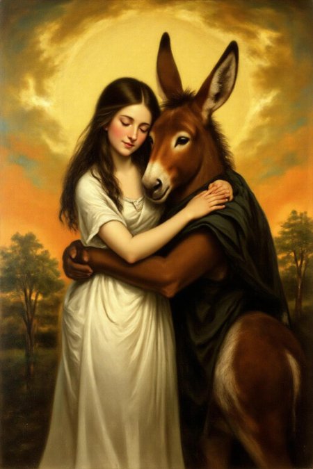 jore1 macha9 painting. 
A surreal, dreamlike scene with a woman and an anthropomorphic donkey embracing. The woman, with long, straight, dark hair, is dressed in a flowing white gown, symbolizing purity and innocence. She has a serene expression, with her eyes closed. The anthropomorphic donkey, is dressed in a dark brown coat, his face blending into the deer's body. He has a gentle, almost protective expression. They are standing in a stylized, abstract landscape. The background features a vibrant, swirling pattern of yellows and oranges, suggesting a sunset or a dreamy sky. 
 <lora:jore1_cap_d6a3e12:1.0><lora:818387013305679028:0>