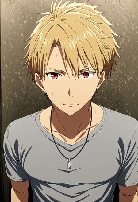 high resolution, solo, best quality, 1Boy, Yamato Ishida, Blond Hair, Necklace, kabedon POV, t-shirt, OverallDetail