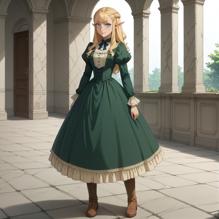 score_9, score_8_up, score_7_up, masterpiece, best quality,best quality, absurdres,  uncensored, extreamely detailed,highres ,unity 8k wallpaper, official art, official style, source_anime, uncensored, game cg, extremely detailed CG,textile shading,super detailed skin,perfect anatomy,detailed eyes,
masterpiece, best quality, very aesthetic, absurdres,ultra-detailed,high resolution,unity 8k wallpaper,perfect anatomy,detailed,dynamic lighting,beautiful detailed eyes,extremely detailed CG,textile shading,super detailed skin,perfect anatomy,
 <lora:Pattadol_Dungeon_Meshi_V1:1>fullbody,solo, 1girl, adult,blonde hair, light blue eyes, pointy ears, pointy nose, braid, long hair,
garden background,outdoor,standing,light smile,happy,
<lora:victorian_dress-PD-1.0:1>victorian dress,green dress,sleeves,knee boots,