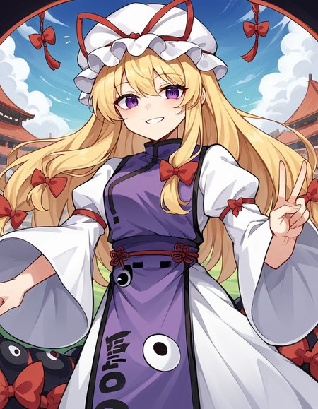 score_9, score_8_up, score_7_up, source_anime, <lora:yukari-yakumo-ponyxl-lora-nochekaiser:1>, yukari yakumo, purple eyes, blonde hair, sidelocks, long hair, hair bow, bangs, multiple hair bows,, dress, hat, hat ribbon, juliet sleeves, layered dress, long sleeves, mob cap, puffy sleeves, purple tabard, tabarad, white dress, white hat, wide sleeves, ying yang, yin yang print,, amphitheater, seats, outdoor, stage, large, smile, v, v over eyes,, looking at viewer, solo,, dutch angle, cowboy shot