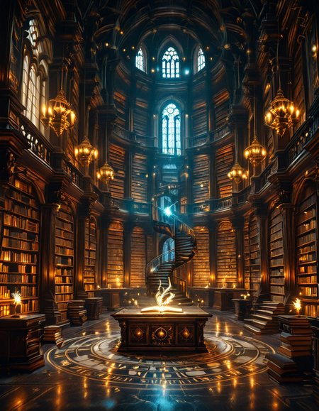 grand enchanted library filled with towering wooden bookshelves that stretch endlessly into the distance, packed with ancient, leather-bound books glowing with mystical runes. The atmosphere is illuminated by floating candles and ethereal blue and golden lights that hover in the air, casting a warm, magical glow. A spiral staircase made of dark oak winds upward, disappearing into the shadows of the high-vaulted ceiling adorned with intricate celestial carvings. Wisps of enchanted mist swirl around the floor, while some books levitate gently from shelf to shelf, as if guided by an unseen force. The air shimmers with dust particles suspended in soft, golden light filtering through stained glass windows, depicting mythical creatures and arcane symbols. The scene is rich in deep, warm tones of mahogany, gold, and sapphire, evoking a sense of wonder, mystery, and timeless knowledge. The image is highly detailed and photorealistic, capturing the textures of the aged books, the glow of magical elements, and the enchanting stillness of this mystical sanctuary of wisdom.
<lora:SDXLFaeTastic2400:0.4> <lora:extremely_detailed:0.4> extremely detailed,<lora:3nch4nt3d_l1br4ry-ill:1>,3nch4nt3d l1br4ry, Masterpiece,best quality,hi res,8k,hi res,8k,award winning,(sharp focus, intricate, highly detailed),