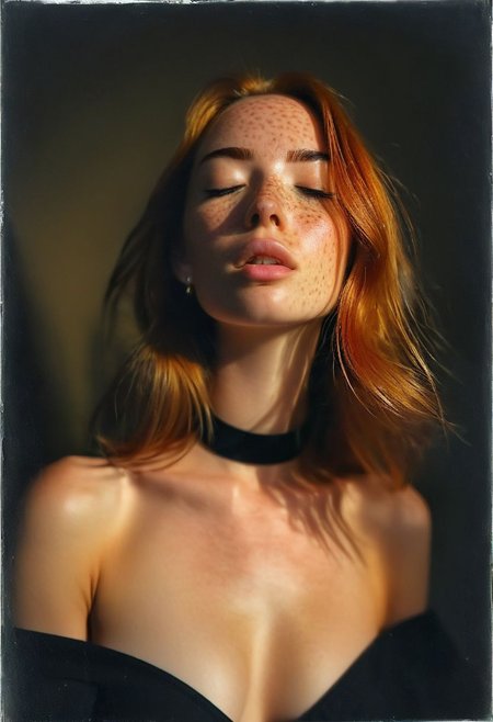1girl 18yo, large breast, backlighting, bare shoulders, black choker, blurry background, blush, breasts, choker, cleavage, closed mouth, collarbone, earrings, forehead, freckles, hair over shoulder, jewelry, long hair, looking down, pointy nose, lips glossy, shadow, solo, thick eyebrows, thick eyelashes, full body, ginger hair ((masterpiece))
