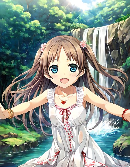 <lora:pony_xl_natsuha:0.8>,natsuha,score_9,score_8_up,score_7_up,source_anime,1girl,solo,froom,it's a lot of fun,smile,:d,blush,close your eyes,open mouth,outdoors,day,nature,waterfall,river,forest,tree,water,wind,sunlight,sunbeam,lens_flare,arm up,hand up,outstretched arms,stand in the water,splashing water,cowboy_shot,white dress,sleeveless dress,ruffles,sleeveless,see-through,bare shoulders,bare arms,heart shaped necklace,bracelet,jewelry,collarbone,