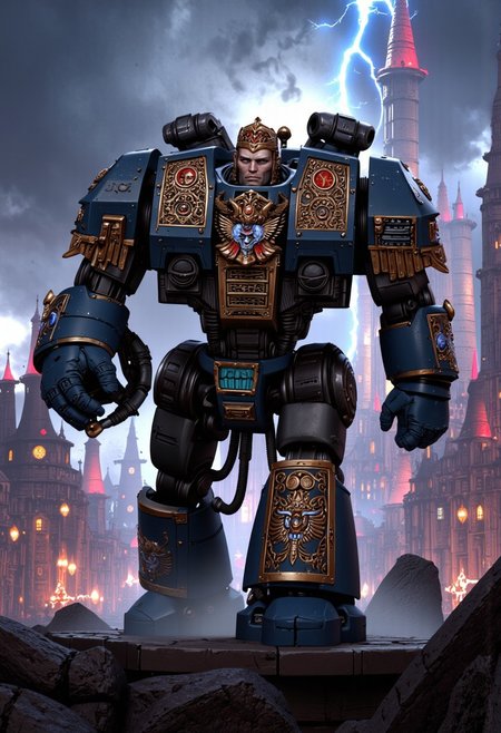 (score_9, score_8_up), score_7_up,  <lora:PonyAlphaL40k:1> AlphaL40k, wearing power armor, holding a rifles, helmet, cape on his back, A hulking Armor Warrior, inspired by the might of a Space Marine, strides through a smog-choked industrial dystopia. Clad in a fusion of ornate Victorian armor and an industrial-powered exoskeleton, the warrior exudes a blend of old-world grandeur and brutal efficiency. Behind, an industrial city looms—towering smokestacks and crumbling Victorian structures stretch into the stormy sky. Massive iron machines belch smoke as lightning dances among the clouds. The Armor Warrior stands as a sentinel of this dystopian world, embodying the brutal union of flesh, machine, and divine power in a time when technology and the gods are inseparable.