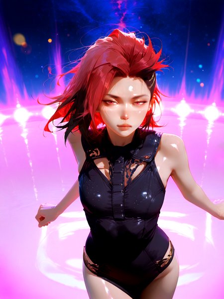 masterpiece,best quality,solo,(solo focus:1.4),1girl,(Full body Shot:1.1),detailed background,dramatic lighing,cinematic still,very dark skin , shaved sides hair, two-tone hair, red hair , Multicolour iris, tsurime eyes , dark pink eyes , realistic eyes, detailed eyes , looking at viewer , straight on , small breasts ,[magical girl dress | sailor uniform | mecha],cowboy shot ,dynamic pose, action pose, action stance ,in space,futuristic,neon lights,film grain,particles,blurry background,bokeh background,stars,galaxy,realistic,jewelry,(solo:1.2),featured on pixiv,<lora:ChamIllustriousBackgroundEnhancer:1.2>,<lora:UK shiny_skin1v_ILXL:0.7>,shiny skin,<lora:style60-llustrious:0.6>,traditional media,