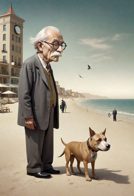 surreal dog clock old  man beach  promenade