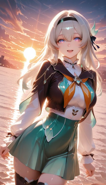 <lora:LCMTurboMix_Euler_A_fix:1> <lora:example_SDXL:0.3>, EZRealPONYXL, <lora:Dramatic Lighting Slider:3> <lora:realistic filter [IL]:1>
DSLR,realistic,cosplay photo, (very awa,masterpiece,best quality,year 2024,newest,absurdres,highres:1), realistic,skin texture,facial features, photography shot with Canon EOS 5D Mark IV , realistic, RAW, best quality, masterpiece, amazing quality, skin details,
1girl, highly detailed beautiful face, large natural breasts,
detailed background, shiny skin, dutch angle, night, moonlight,
beautiful detailed eyes, intricate details, absurdres, anime screencap,
 <lora:Hotaru_HonkaiStarRail_ILXL_kill0825:1>
HSHotaru, 1girl, solo, long hair, breasts, looking at viewer, smile, open mouth, blue eyes, shirt, large breasts, skirt, long sleeves, hair ornament, thighhighs, ribbon, hair between eyes, medium breasts, jacket, purple eyes, white shirt, white hair, grey hair, hair ribbon, sidelocks, thighs, :d, outdoors, cowboy shot, pleated skirt, hairband, sky, black thighhighs, neckerchief, zettai ryouiki, hair intakes, black hairband, green skirt, cropped jacket, brown jacket, sunset, multicolored eyes, sun, gradient eyes, orange sky, orange neckerchief, blue pupils, miniskirt, black jacket, evening