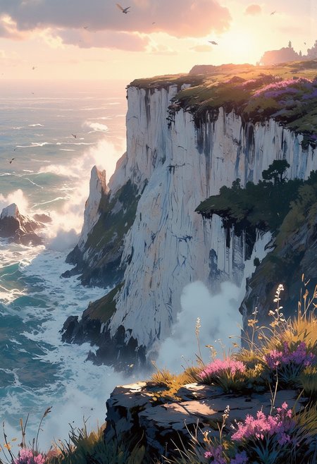 In the style of ff-td, Mh1$AgThS2, intricate linework with expressive contrasts, soft lighting with dynamic highlights, masterpiece, best quality, good quality, very aesthetic, absurdres, newest, 8K, depth of field, focused subject, BREAK white chalk cliffs rising vertically from a rough sea, with sparse wildflowers and heather growing on the clifftops, sunset, misty