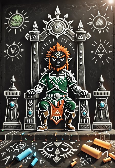 ch4lkdr4w, chalk drawing, highly-detailed, best quality, masterpiece,  very aesthetic, 1boy, Ganondorf (The Legend of Zelda), sitting on throne, throne room, kings crown , chalk, black background