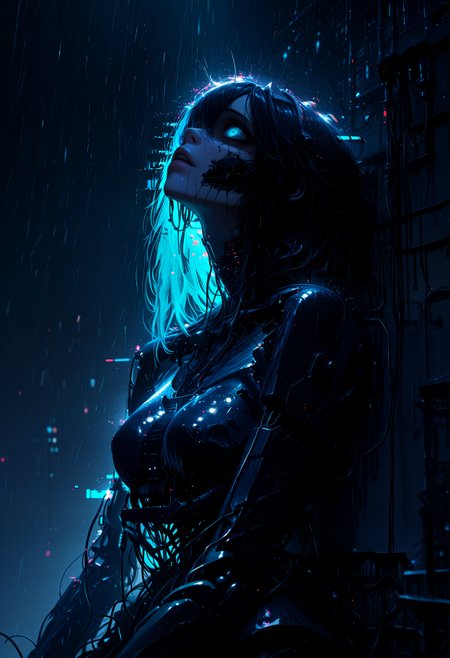 masterpiece, best quality, good quality, newest, highres, cinematic, volume light, no humans, horror (theme), cable, xxx667_illu, glowing, glitch, auralora, realistic, 3d, broken woman android, looking up, sit, back to wall, long thin hair, hand up, neon, lips, rain, night, dark city,  detailed background, <lora:Digital_Dystopia_IL:0.8>,  <lora:XXX477:0.8>,  <lora:Aura_r1:0.5>,  , <lora:illustriousXLv01_stabilizer_v1.121:0.8>,