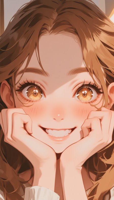 Five fingers are naturally closed.,
A girl shows off her new honey brown gradient color contact lenses. Her face is beaming with joy,and she is eager to bring her face close to the viewer's to show her new look. Her eyes are vividly emphasized and highlighted by the colored contact lenses. Her expression is in focus,expressing enthusiasm and happiness. The softly blurred background highlights the girl and her new eye-catching lenses,creating a cheerful and lively atmosphere,
<lora:incase_new_flux:0.6>,art by incase,