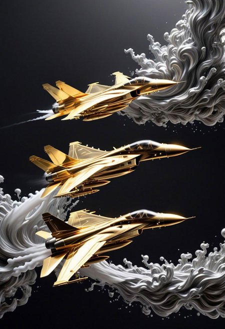 GOLD LIQUID METAL jet fighters, racing through SILVER LIQUID METAL clouds, liquid metal sprays from there jets, flying through a black void