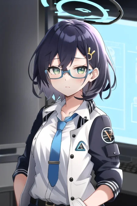 chihiro(blue archive), 1girl, solo, necktie, glasses, halo, jacket, blue necktie, short hair, hair ornament, multicolored jacket, looking at viewer, shirt, blush, green eyes, white shirt, upper body, two-tone jacket, open clothes, heart, long sleeves, collared shirt, open jacket, hair between eyes, bangs<lora:chihiro:0.8>