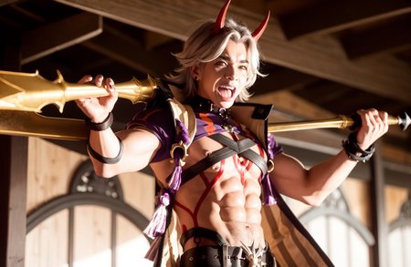masterpiece, best quality,male focus, 1boy, horns, arataki itto, solo, vision (genshin impact), long hair, open mouth, twitter username, abs, weapon, oni horns, black nails, spikes, white hair, red eyes, body markings, red horns, holding weapon, jewelry, holding, pants, sleeveless coat, bodypaint, navel, oni, chest harness, harness, smile