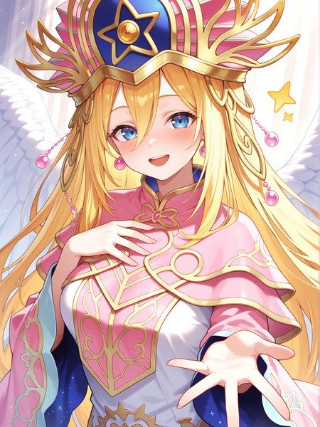 elemental grace doriado, official alternate costume, doriado, 1girl, solo, pink earrings, open mouth, smile, blush, looking at viewer, upper body, open hand, :d, angel wings, star \(symbol\), light rays, very long hair, pink wizard hat, pink rope, hand on own chest, ^^^
masterpiece,best quality,amazing quality,very aesthetic,absurdres,newest,<lora:Doriado 4 in 1 illusXL v1.1:0.7>,