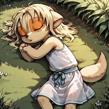 Dreamkeepers,1girl,Paige,solo,furry,tail,source_furry,blonde hair,
masterpiece, child, kid, 
grass, laying, sleeping, summer, outside, messy hair, white summer dress,