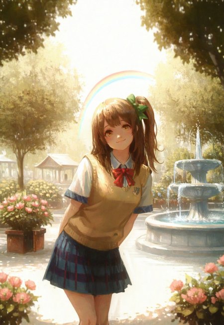 masterpiece, best quality, amazing quality,
1girl, (aged up:1.2), leaning forward, cute, smile, looking at viewer, head tilt happy, excited,dappled sunlight,sun light,tree shadow, lovelive_kotori,yellow sweater vest, short sleeves, blue plaid skirt, red bowtie, breasts, grayish brown hair, green hair bow, bangs, one side up, long hair, amber eyes, cute girl
BREAK
detailed background, street, daylight, day, sunlight, dappled lighting, realistic shadow, sketchy strokes, potted plant, flowers, garden, fountain, water splashes, depth of field,usnr,rainbow, cinematic shot, bokeh