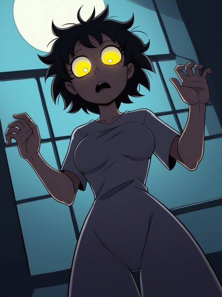 score_9, 1girl, ghost costume, messy hair, medium breasts, expressionless, open mouth, yellow eyes, hands up, baggy eyes,, dark room, dark theme, moon, window, courtains, webs on top, bright pupils, dynamic pose, dynamic angle, from below,
<lora:ACrocsComics_style:1>, CrocXL, flat color, style parody, official style, cartoon style,