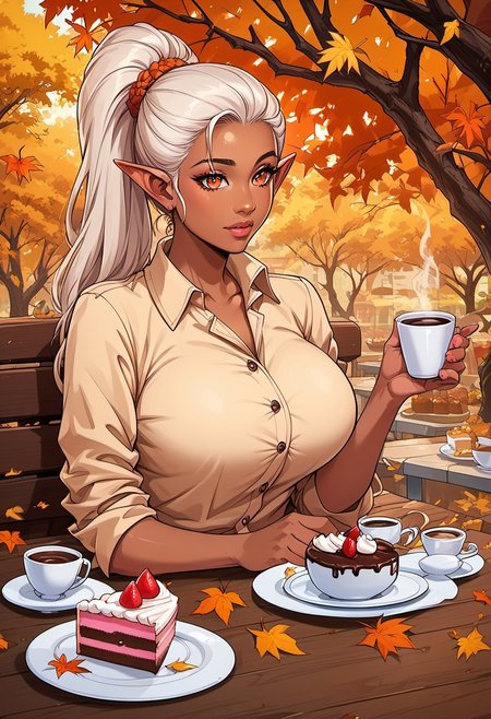 score_9, score_8_up, score_7_up, score_6_up, score_5_up, score_4_up, ANIMEShader, beautiful elven woman, (dark skin:1.3), long white hair in a ponytail, small cute button nose, soft round chin, detailed orange eyes, bright orange eyes, high definition eyes, detailed eyes, elf ears, huge breasts, sitting behind table, cup of coffee, piece of cake, café, detailed background, autumn, falling leaves outside, soft light,