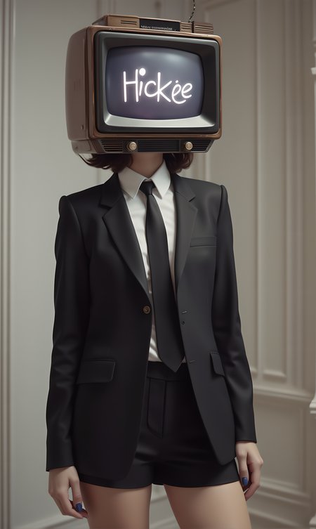 realistic style. (woman with a head that resembles a Retro television). ((television screen show text "HicKee")), she has feminine blunt hairstyle. Wearing a formal jacket with a black tie that is slightly unbuttoned.she is wearing formal short shorts