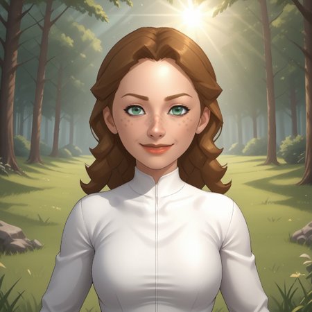 score_9, score_8, BREAK, solo, wii, mii, 1girl, female mii, green eyes, freckles, dark blonde hair, lips, white clothing, white pants, shoes, cute, nintendo mii, modern_mii, classic_mii, breasts, kathrin_(\wii_sports\), wii sports, sexy pose, smile, outdoors, sunlight, shadows, evening lighting, natural lighting, forest, trees, grass, orange sky, sunset